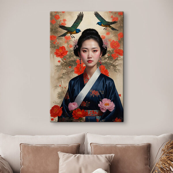 Vrouw in een kimono met bloemen en vogels Canvas Schilderijen Vrouw in een kimono met bloemen en vogels