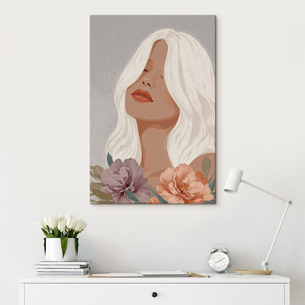 Vrouw met lang wit haar en bloemen Canvas Schilderijen Vrouw met lang wit haar en bloemen
