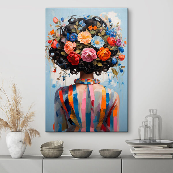 Schilderij van een vrouw met bloemen op haar hoofd Canvas Schilderijen Schilderij van een vrouw met bloemen op haar hoofd