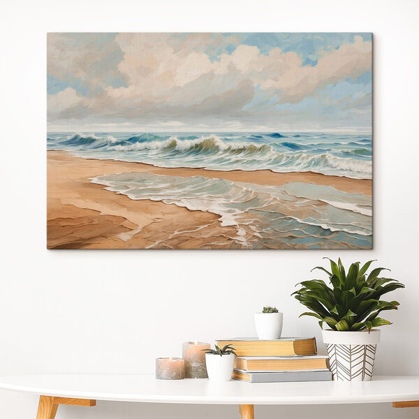 Schilderij van golven op een strand Canvas Schilderijen Schilderij van golven op een strand