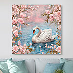 Canvas Schilderijen Zwaan zwemmend in water met roze bloemen