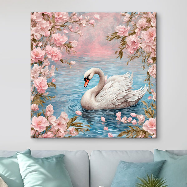 Zwaan zwemmend in water met roze bloemen Canvas Schilderijen Zwaan zwemmend in water met roze bloemen