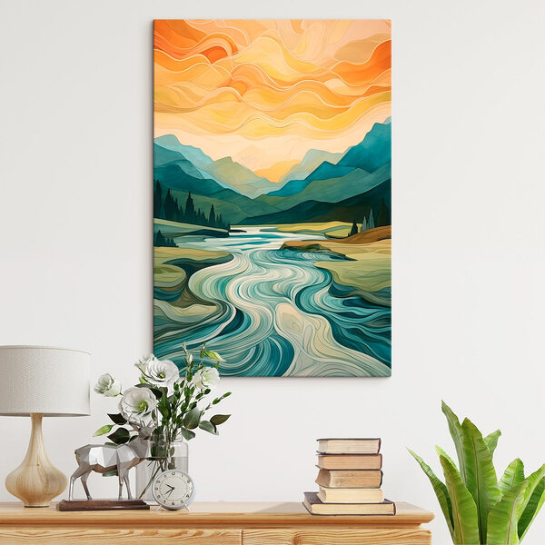 Schilderij van een rivier die door een vallei stroomt Canvas Schilderijen Schilderij van een rivier die door een vallei stroomt