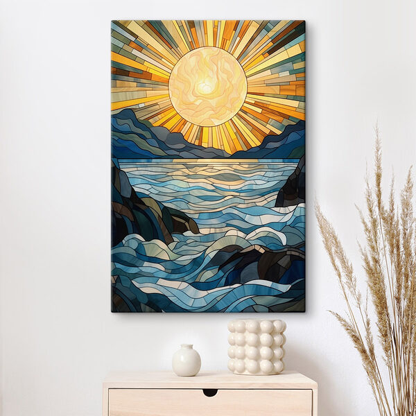 Canvas Schilderijen Glas-in-loodraam met een zon boven een rivier
