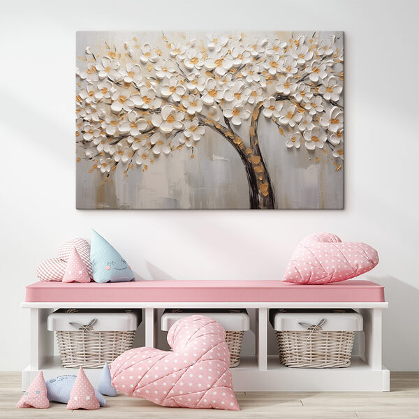 Canvas Schilderijen Schilderij van een boom met witte bloemen