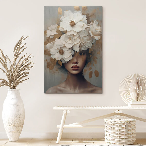 Schilderij van een vrouw met bloemen op haar hoofd Canvas Schilderijen Schilderij van een vrouw met bloemen op haar hoofd