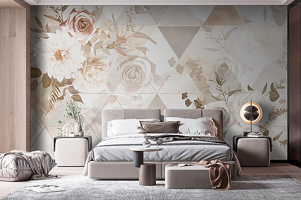 Behang met bloemen en driehoeken Fotobehang Behang met bloemen en driehoeken