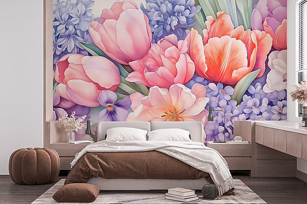 Groep bloemen op witte achtergrond Fotobehang Groep bloemen op witte achtergrond