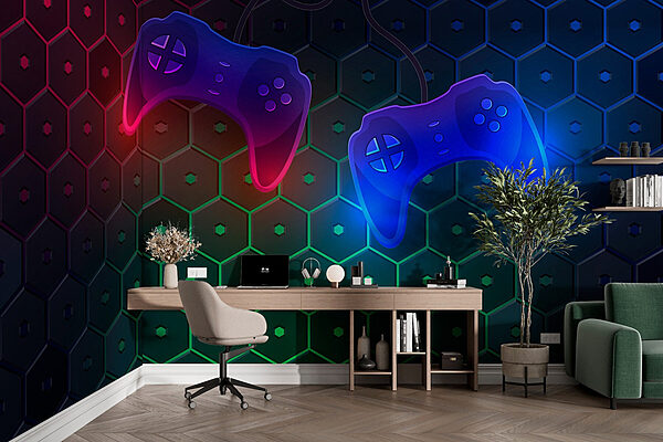 Spelcontroller op een zeshoekige achtergrond Fotobehang Spelcontroller op een zeshoekige achtergrond