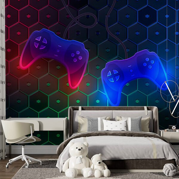 Fotobehang Spelcontroller op een zeshoekige achtergrond