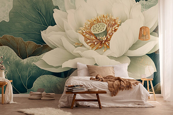 Witte bloem met groene bladeren Fotobehang Witte bloem met groene bladeren