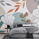 Fotobehang Witte bloemen met bruine bladeren en blauwe cirkels