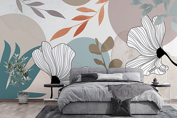 Witte bloemen met bruine bladeren en blauwe cirkels Fotobehang Witte bloemen met bruine bladeren en blauwe cirkels