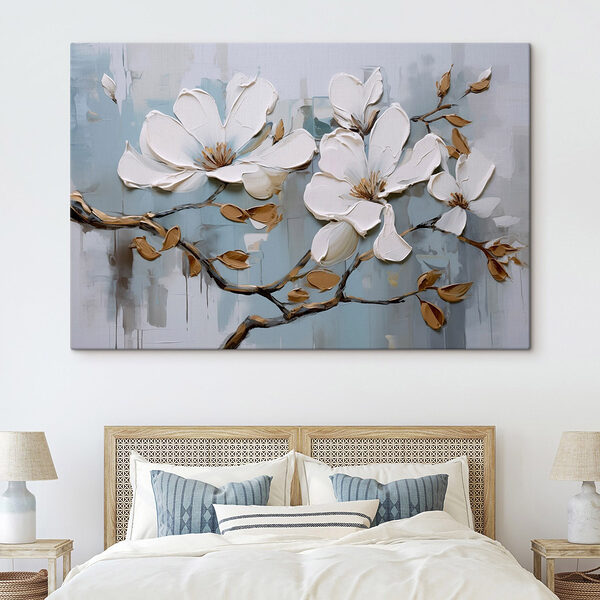 Schilderij van witte bloemen op een tak Canvas Schilderijen Schilderij van witte bloemen op een tak