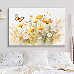 Canvas Schilderijen Vlinder vliegend over gele en witte bloemen