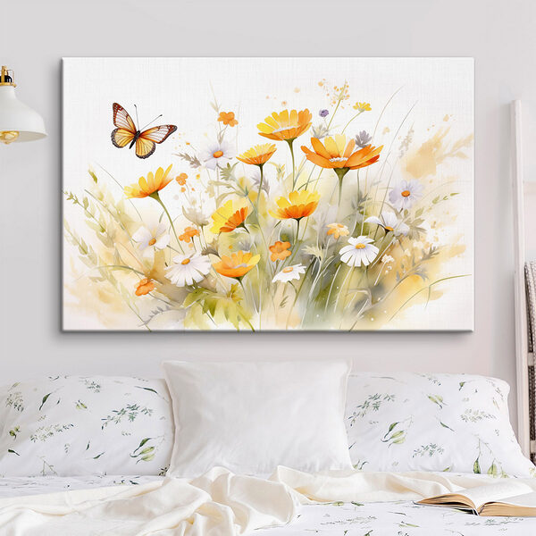Vlinder vliegend over gele en witte bloemen Canvas Schilderijen Vlinder vliegend over gele en witte bloemen