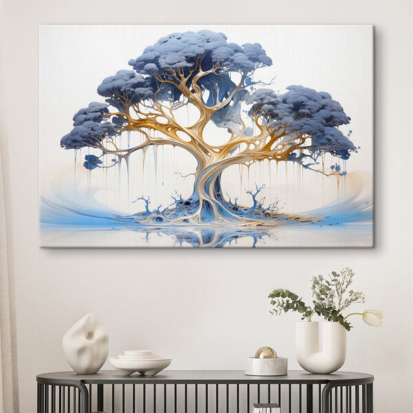 Boom met blauwe en gele bladeren Canvas Schilderijen Boom met blauwe en gele bladeren