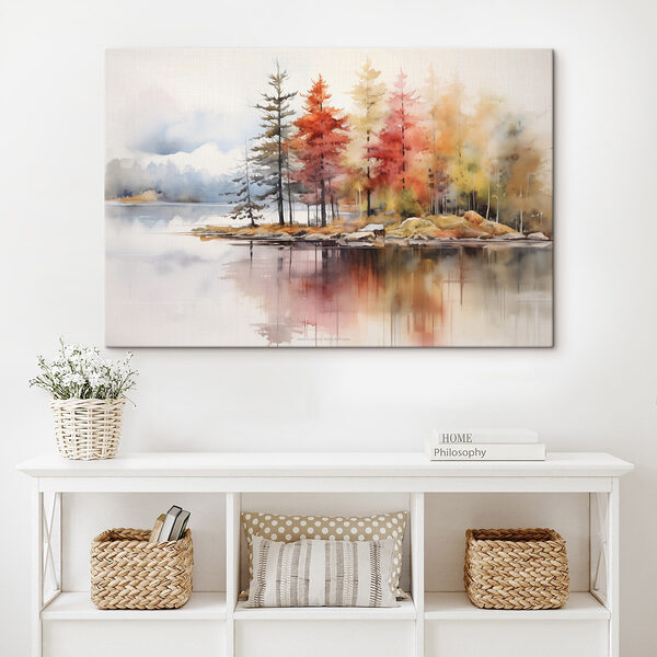 Aquarel van bomen en rotsen op een meer Canvas Schilderijen Aquarel van bomen en rotsen op een meer