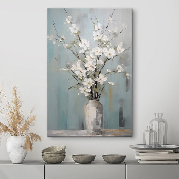 Schilderij van een vaas met witte bloemen Canvas Schilderijen Schilderij van een vaas met witte bloemen