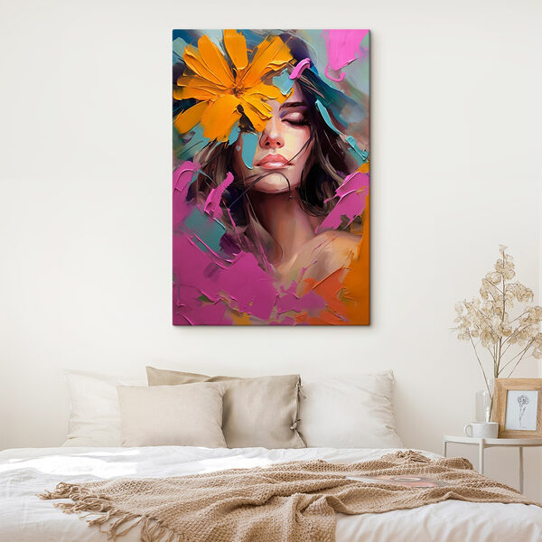 Schilderij van een vrouw met bloemen op haar gezicht Canvas Schilderijen Schilderij van een vrouw met bloemen op haar gezicht