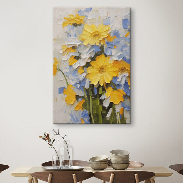 Schilderij van gele en blauwe bloemen Canvas Schilderijen Schilderij van gele en blauwe bloemen