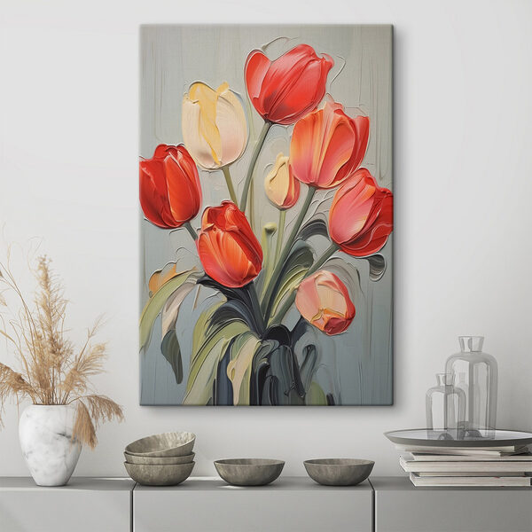 Schilderij van tulpen op een grijze achtergrond Canvas Schilderijen Schilderij van tulpen op een grijze achtergrond