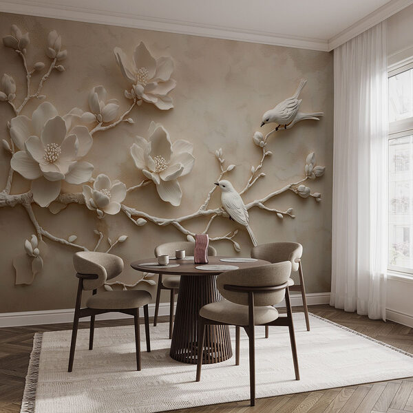 Fotobehang Witte vogel op een tak met bloemen