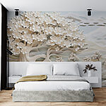 Fotobehang Witte boom met witte bloemen en een rivier
