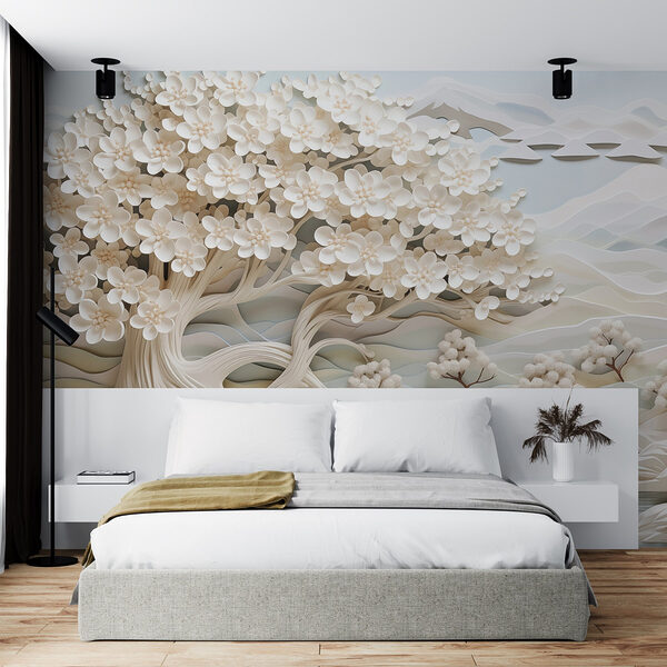 Witte boom met witte bloemen en een rivier Fotobehang Witte boom met witte bloemen en een rivier
