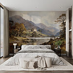 Fotobehang Aquarel schilderij van een kasteel op een heuvel met bomen en bergen