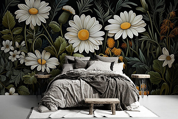 Schilderij van bloemen en bladeren Fotobehang Schilderij van bloemen en bladeren