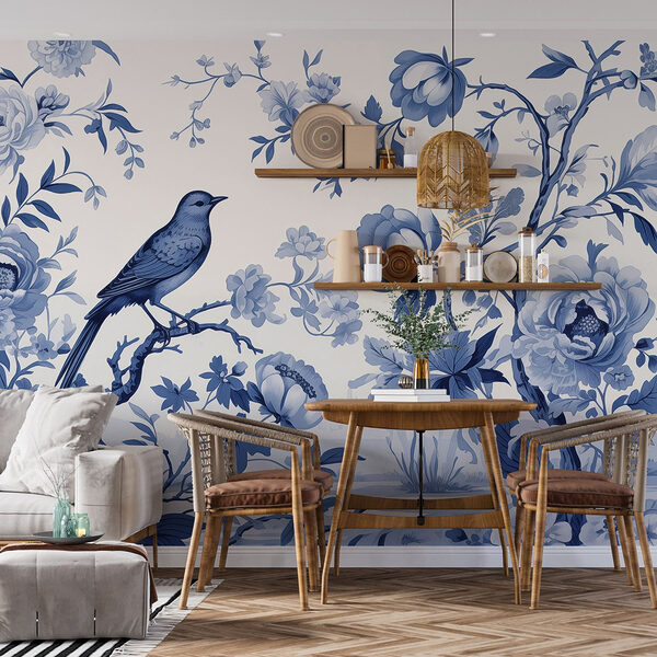 Vogel op een boomtak met bloemen Fotobehang Vogel op een boomtak met bloemen