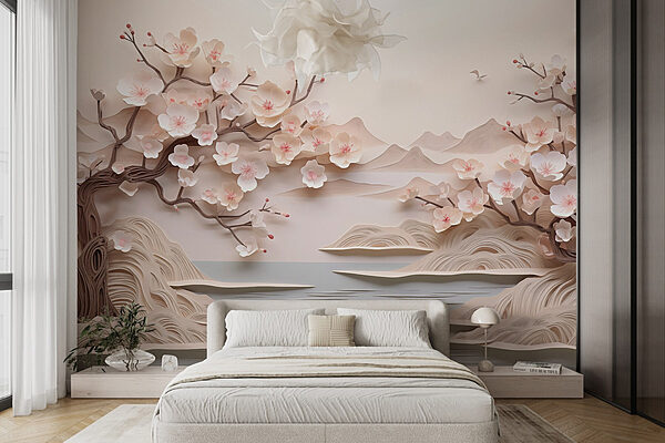 Papieren uitsnede van een boom met bloemen en water Fotobehang Papieren uitsnede van een boom met bloemen en water