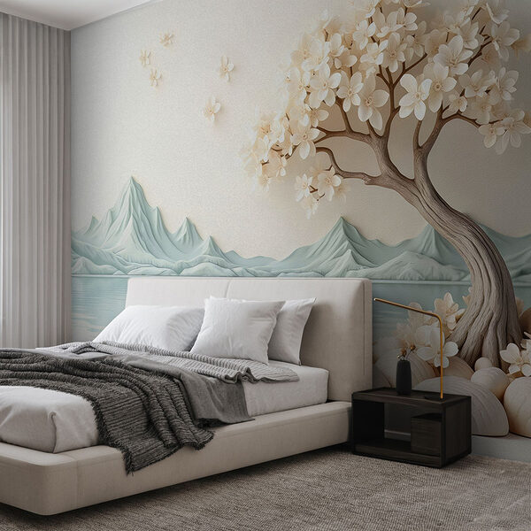 Boom met bloemen en rotsen naast water Fotobehang Boom met bloemen en rotsen naast water