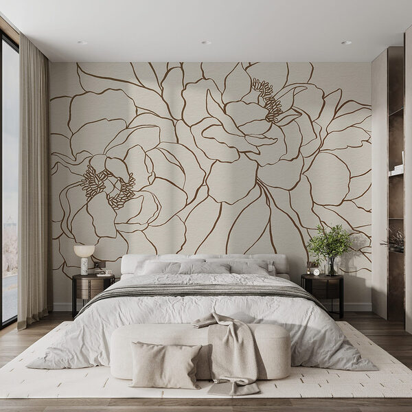 Tekening van bloemen op een wit oppervlak Fotobehang Tekening van bloemen op een wit oppervlak