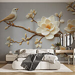 Fotobehang Vogel op een tak met bloemen