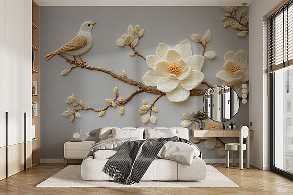 Vogel op een tak met bloemen Fotobehang Vogel op een tak met bloemen