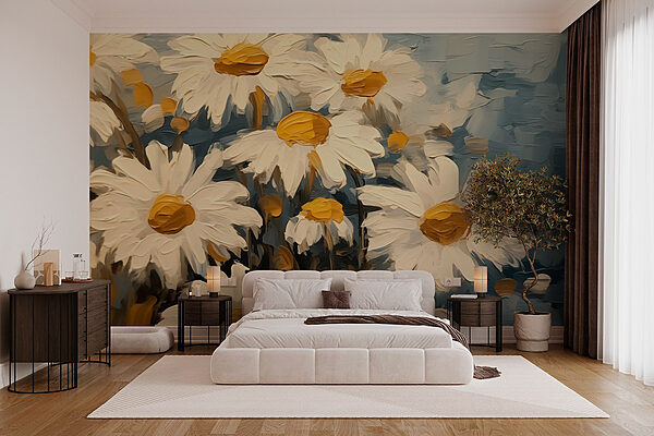 Schilderij van witte en gele bloemen Fotobehang Schilderij van witte en gele bloemen