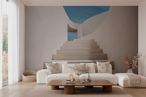 Witte trap met blauwe lucht Fotobehang Witte trap met blauwe lucht