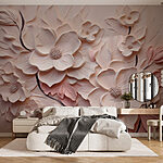 Fotobehang Witte en roze bloemen op een muur