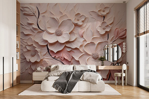 Witte en roze bloemen op een muur Fotobehang Witte en roze bloemen op een muur