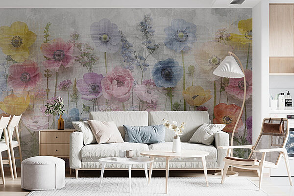 Groep bloemen op witte achtergrond Fotobehang Groep bloemen op witte achtergrond