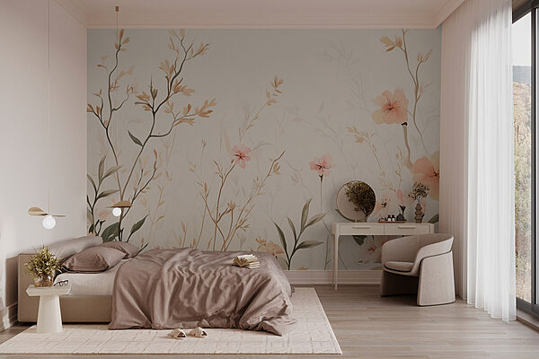 Behang met bloemen en bladeren Fotobehang Behang met bloemen en bladeren