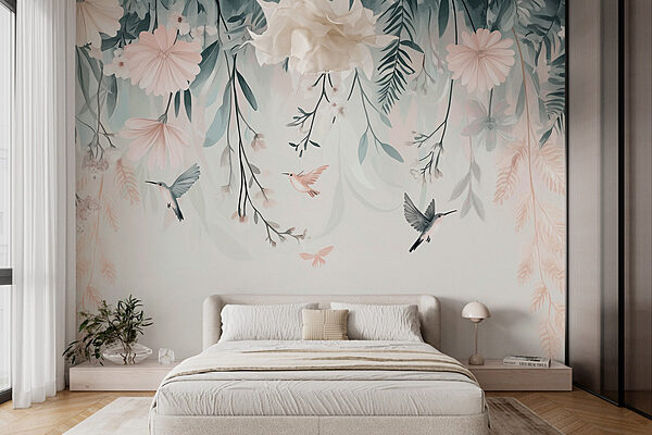 Vogel vliegt over bloemen Fotobehang Vogel vliegt over bloemen