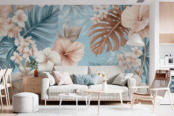 Bloemenpatroon met witte en bruine bloemen Fotobehang Bloemenpatroon met witte en bruine bloemen