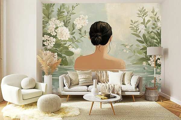 Vrouw in water met bloemen Fotobehang Vrouw in water met bloemen
