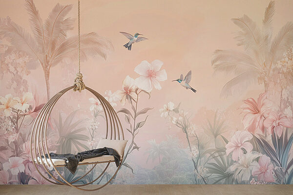 Groep vogels vliegt over bloemen Fotobehang Groep vogels vliegt over bloemen