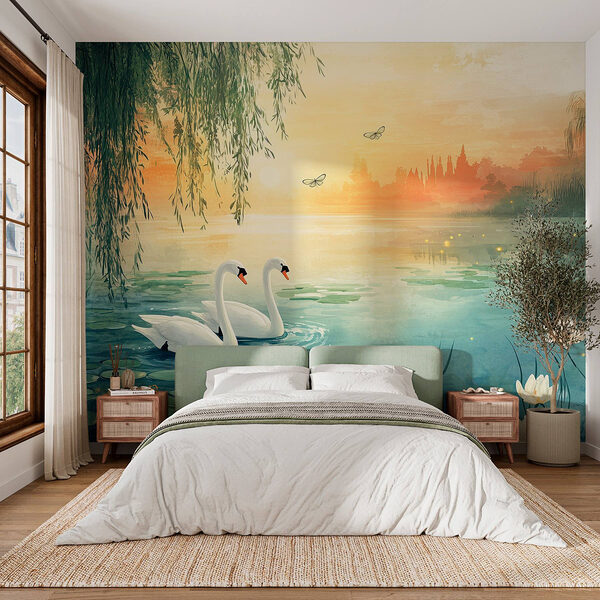Twee zwanen in een meer Fotobehang Twee zwanen in een meer