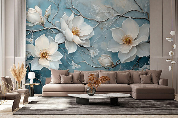 Schilderij van witte bloemen op een blauwe achtergrond Fotobehang Schilderij van witte bloemen op een blauwe achtergrond