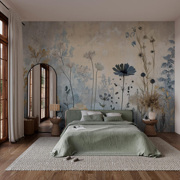 Schilderij van bloemen op een muur Fotobehang Schilderij van bloemen op een muur